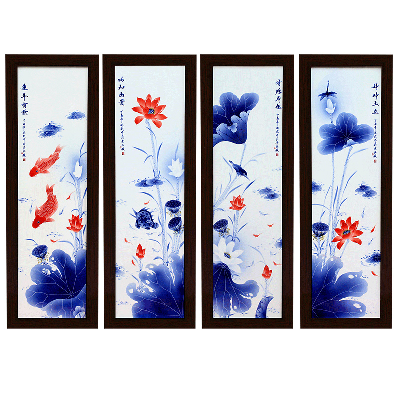 Hang a picture to jingdezhen blue and white porcelain is hand made lotus sitting room adornment background sofa four fish screen painting ceramic plate