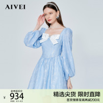AIVEI congratulates Ivy 2022 Spring new square neck bow high-rise bubble satin dress P0160082