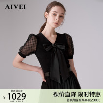 AIVEI congratulates Ivy Mall with the same summer temperament bow V-neck lantern short-sleeved knit shirt N72A1403