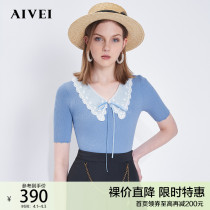 AIVEI congratulates Ivy spring summer 2022 on its new lace embroidered V-neck bow short-sleeved knit shirt N0160139