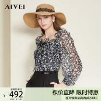 AIVEI congratulates Ivy 2022 Spring New Bow Square Neck Print Chiffon Top Tops N0160035