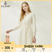 ELAND Clothes Romance Summer Fashion Temperament V Collar Hollowed-out High Waist Laces Collection Waist Display Slim Long Sleeves Lady Dress Lady