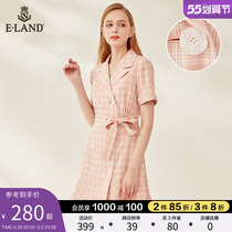 ELAND clothes in summer French style with small sub-turned sleeve plaid double-row buttoned with dress