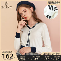 ELAND clothing love early spring temperament sweet wind contrast color V-neck long-sleeved loose pullover first love sweater women