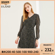 ElAND Spring and Autumn French Crush V Bubble Slip Slip Slip Black Long-sleeved Dress