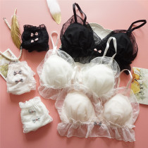 Net Yarn Day Ensemble Small Cute Po Dot Lace Adolescent Girl Underwear Thin Chest Free Steel Ring Sexy Triangle Cup Bra Suit