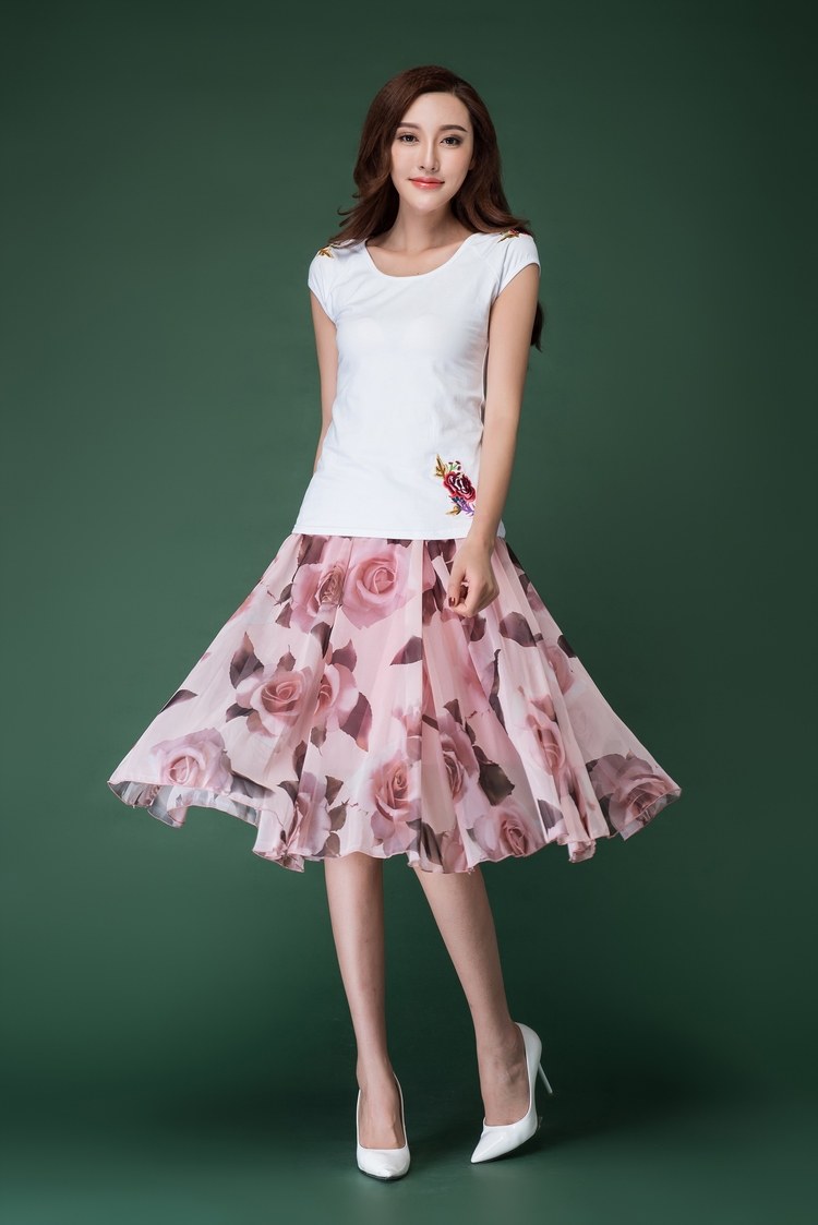 半身裙女夏雪纺短裙裙子中裙花色妈妈大摆a字裙中长款百褶半截裙