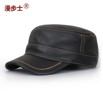 Thin cowhide hat mens winter leather middle-aged and the elderly Korean version of the locomotive youth flat-top hat men warm mens army