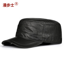 Thin sheepskin hat male leather middle-aged man Autumn and winter cap male Korean version flat top hat male casual flat top military cap