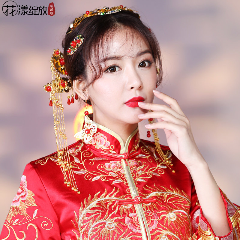 three pieces of headdress for bride's ancient dress, xiuhe dress, chinese wedding toast dress accessories set