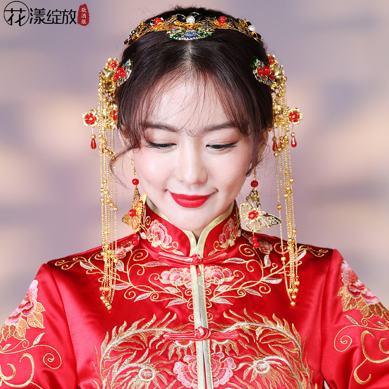 three pieces of headdress for bride's ancient dress, xiuhe dress, chinese wedding toast dress accessories set
