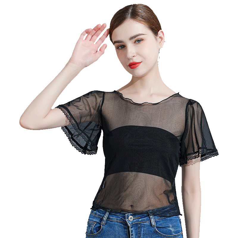 Black mesh base shirt for women, Xia Feifei sleeves transparent thin tulle dress, fashionable inner lace T-shirt top trendy
Black mesh base shirt for women, Xia Feifei sleeves transparent thin tulle dress, fashionable inner lace T-shirt top trendy