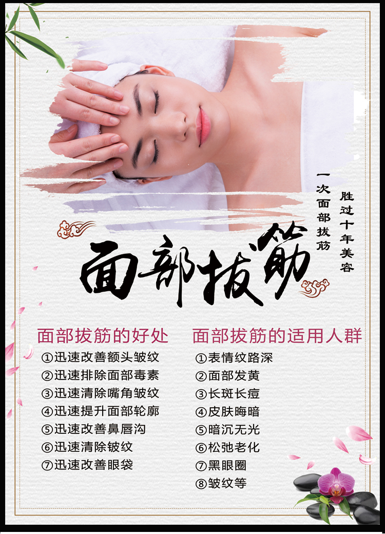 美容院脸部拔筋适用人群简介海报定制 面部按摩好处广告宣传贴画