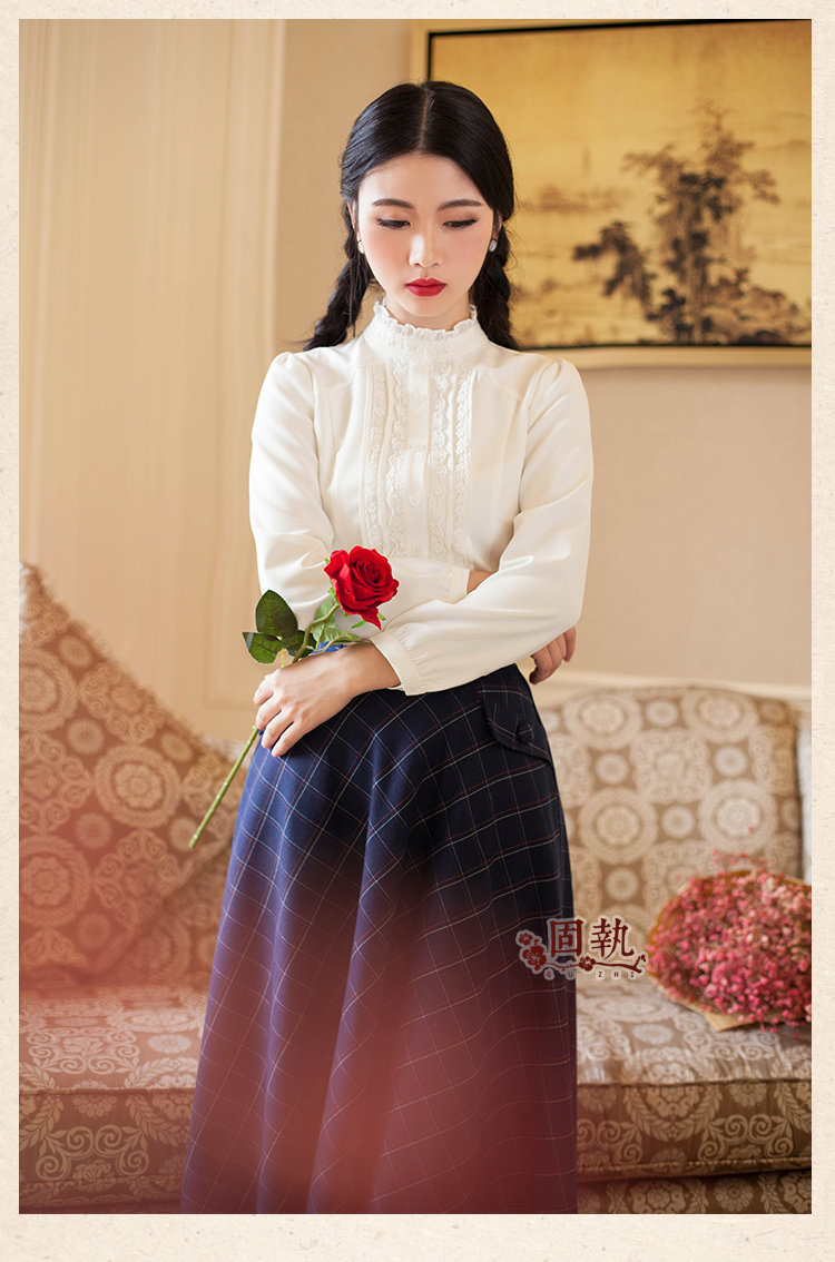 固执2016女装春夏新款文艺复古甜美木耳边蕾丝长袖衬衫