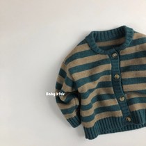 Korean childrens clothing 2021 spring and autumn childrens cardigan single-breasted coat for boys and girls knitwear baby striped top