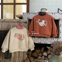 South Korean childrens clothing 2022 autumn and winter Korean version womens baby warm blouse children integrated suede printed acrossuit girl suede