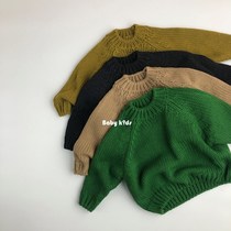 Korean childrens clothing childrens knitwear long sleeve thick green coarse wool bottoming jumper Mori neck girl sweater