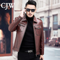 Genuine leather mens sheepskin lychee pattern motorcycle casual jacket Haining single leather short slim leather jacket