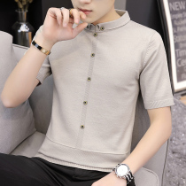 spring autumn 2022 new men's half turtleneck knitted short sleeve t-shirt Korean style trendy half sleeve sweater bottoming shirt