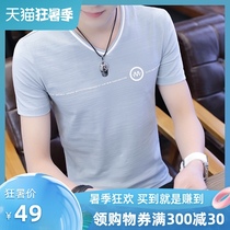 Summer new mens short-sleeved T-shirt Korean version of the trend V-collar Hong Kong style mens clothing trend brand half-sleeve t-shirt ins