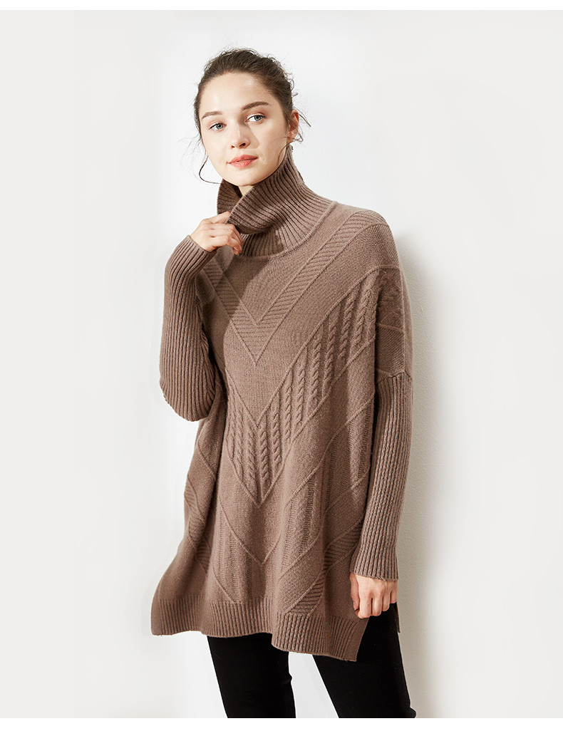 绒典纯羊绒衫女廓形宽松大码秋冬高领中长款侧开叉套头慵懒风毛衣_6折