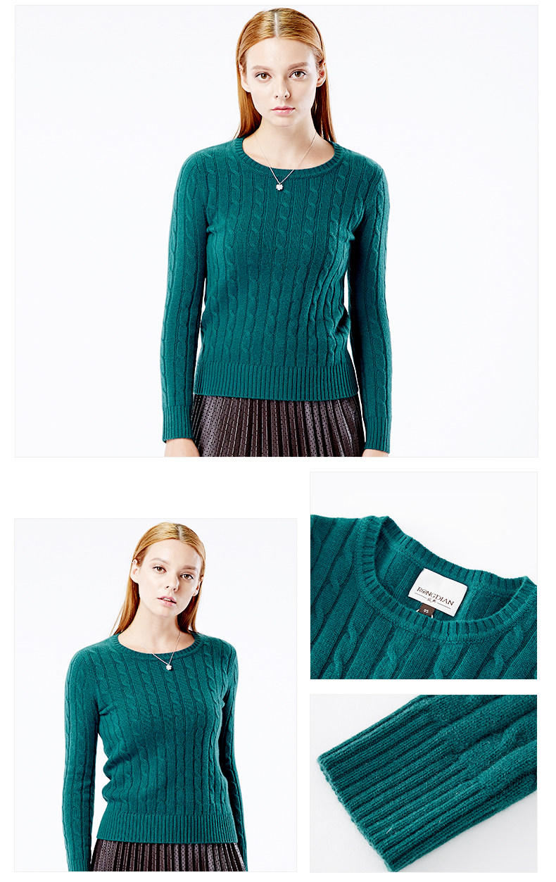 绒典羊绒衫女纯羊绒秋冬新款圆领绞花加厚保暖宽松毛衣套头