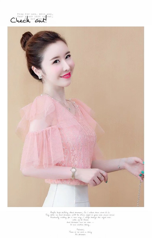 Meimeisi hở vai áo sơ mi voan của phụ nữ phong cách mới ren phong cách nước ngoài áo sơ mi nhỏ thời trang tính khí sợi lưới áo sơ mi ngắn tay phụ nữ - Áo sơ mi chiffon ren