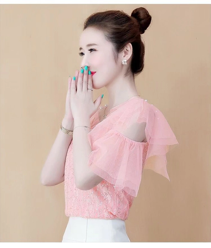 Meimeisi hở vai áo sơ mi voan của phụ nữ phong cách mới ren phong cách nước ngoài áo sơ mi nhỏ thời trang tính khí sợi lưới áo sơ mi ngắn tay phụ nữ - Áo sơ mi chiffon ren