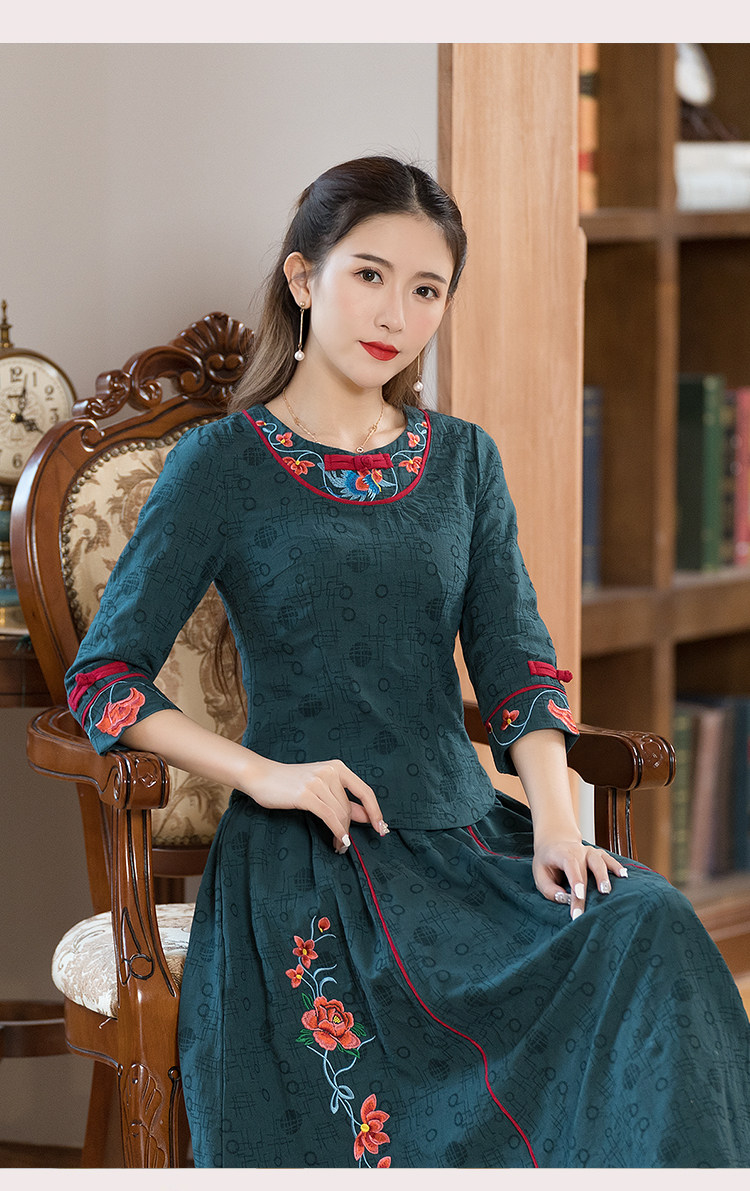 实拍2021年早春棉麻大码旗袍上衣修身显瘦 两件套半身裙套装