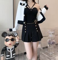 (5 fold clear cabin) (royal court) Double platoon gold buckle Phnom Penh navy wind black and white two-colour plexant skirt pants