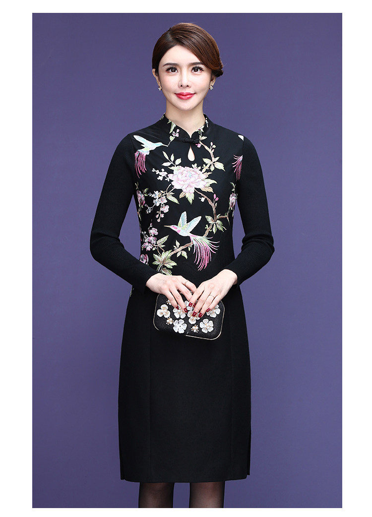 甘夫人中老年女装2018秋冬新款羊毛呢连衣裙女长袖中长款打底裙