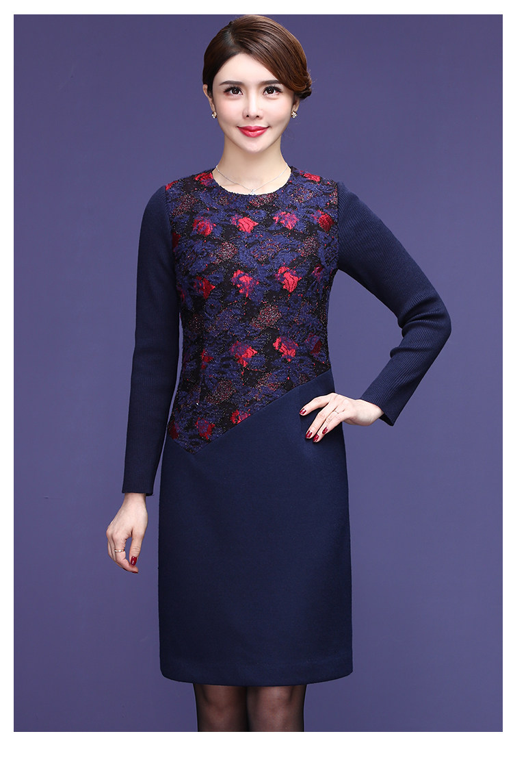 甘夫人中老年女装2018秋冬新款羊毛呢连衣裙大码长袖中长款妈妈装