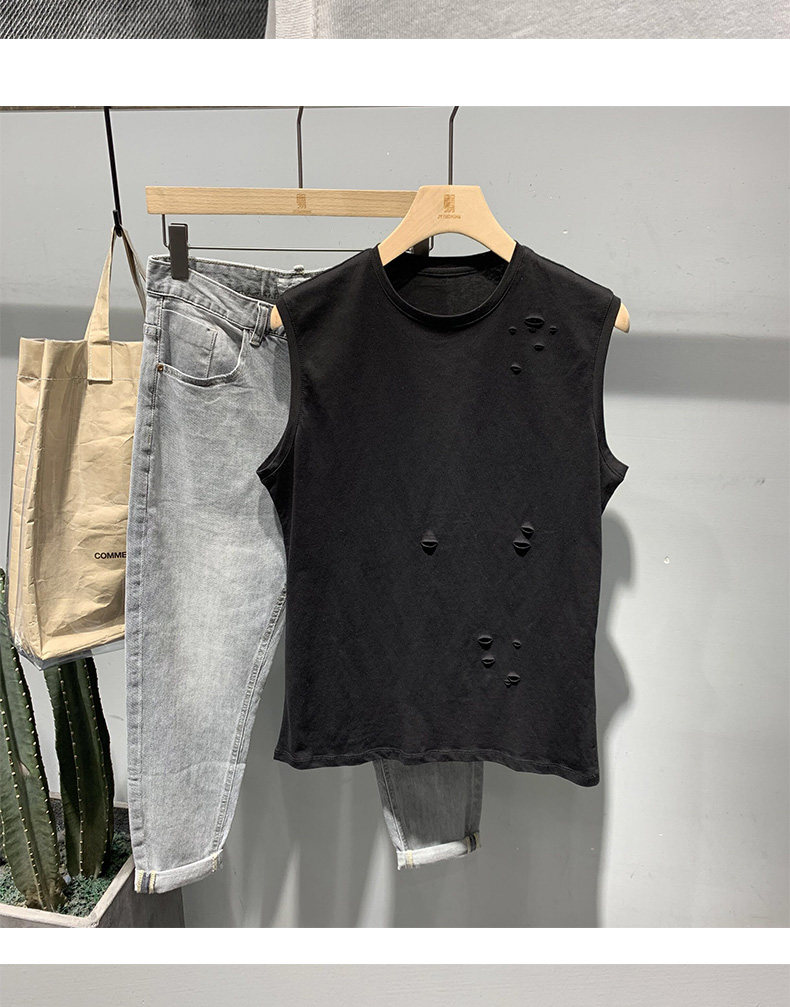 suntek宽松背心男夏季潮流破洞运动韩版打底衫休闲个性男士无袖坎肩