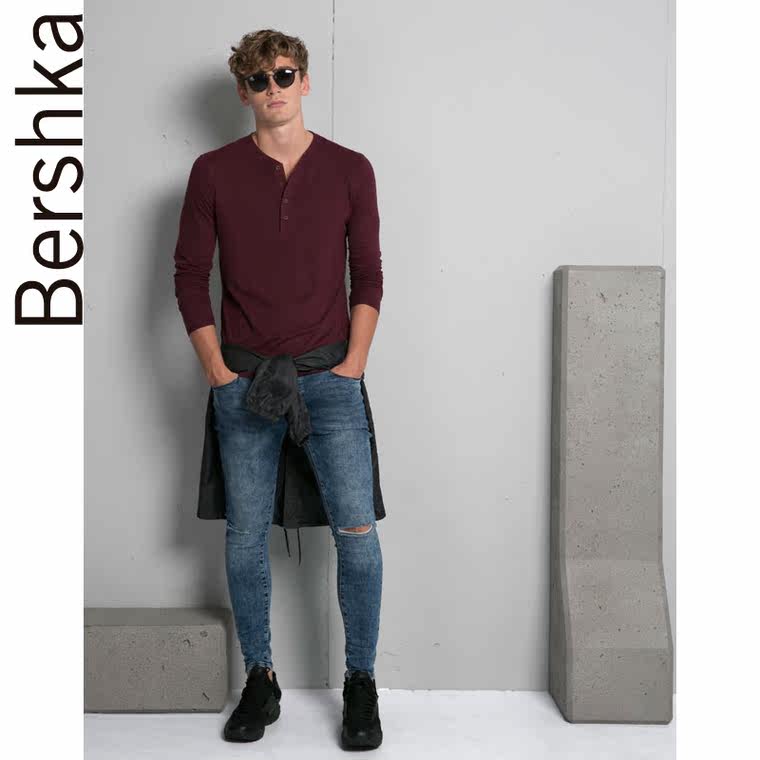 Bershka 一字领长袖基本款 T 恤衫 07938443