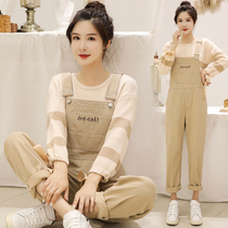 Fashion strap pants girl spring and autumn 2021 new junior high school students Korean loose Leisure age two-piece set