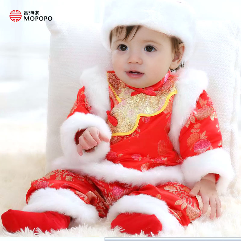 【 三件套】女宝宝唐装冬加厚婴儿红色唐装满月满百周岁服产品展示图1