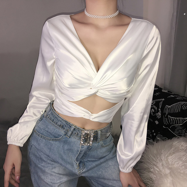 Europe ins new retro cross design shirt female chest wrapped satin long-sleeved T-shirt Slim drain back strap tops Europe ins new retro cross design shirt female chest wrapped satin long-sleeved T-shirt Slim drain back strap tops
