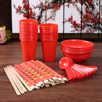 Wedding celebration supplies Disposable chopsticks Creative red spoon red bowl red cup chopsticks festive wedding props
