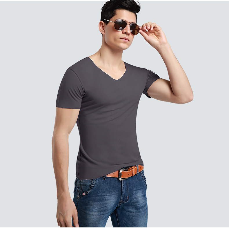 2件装男士短袖t恤无痕莫代尔紧身短袖内衣v领半袖薄款基础打底衫
