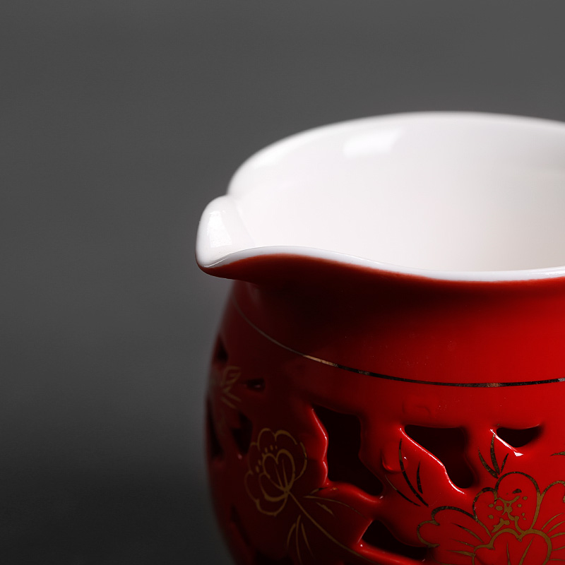 Chinese tea set a single marriage red hollow out exquisite double with the ceramic fair fair keller cup home tea