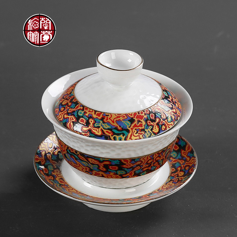 Colored enamel ceramic kung fu tea cup three hand grasp tureen tea set 5 Chinese style restoring ancient ways is big