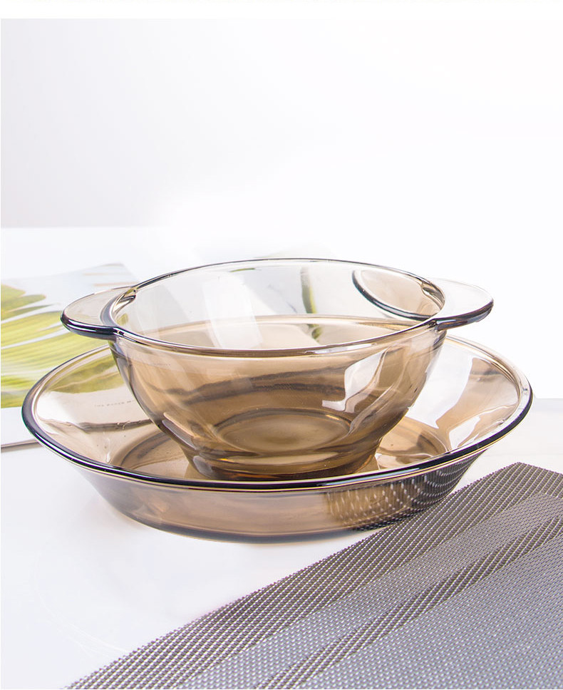 北欧茶色玻璃碗米饭碗双耳沙拉碗麦片碗甜品碗家用耐热玻璃2只装