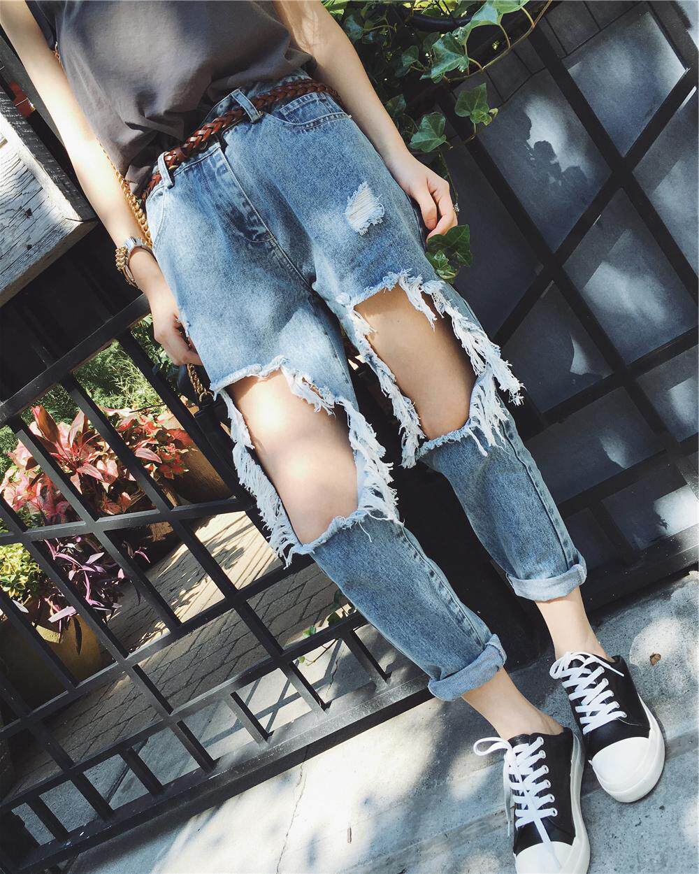 破洞乞丐裤2017春夏女士韩版显瘦卷边宽松膝盖破洞牛仔裤女九分裤