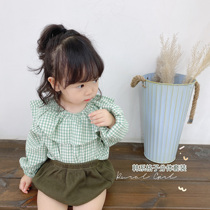 SonnyGirl Korean baby plaid top bread pants suit Korean large lotus leaf collar Western style outerwear autumn