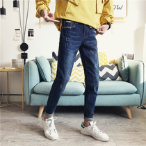 Denim trousers mens new winter small pants with holes in Korean slim casual pants student trend jeans