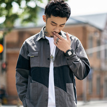 Hearthstone spring stitching contrast retro long-sleeved shirt mens trend tooling shirt Student autumn jacket tide top