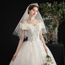 The new temperament bride in the main wedding dress 2022 shoulders are a simple French starry sky super fairy dream light veil skirt