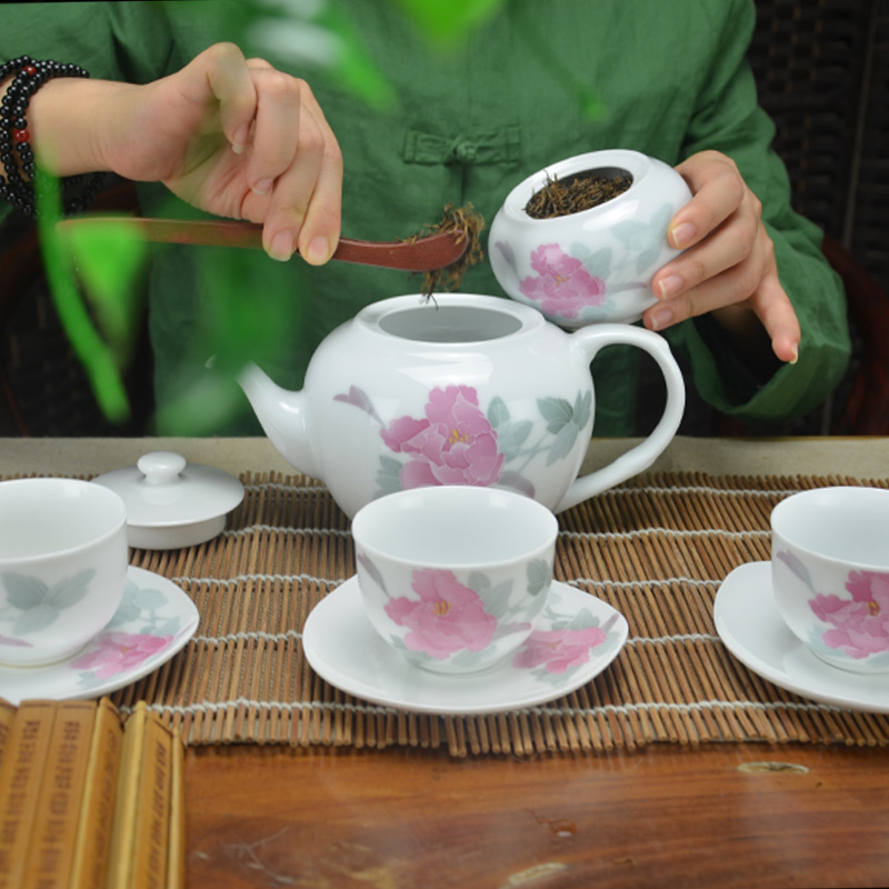 Liling ceramic new peony kung fu tea set hand draw large capacity of 4 cups of office coffee gift