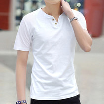 New summer dress trend men short-sleeved t-shirts simple white V-collar buttons pure-colored clothes bottom shirt half-sleeves