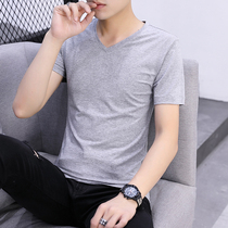 The new pure cotton t-shirt male short-sleeved V-collar tunnel Korean version of the trend-hit bottom shirt  ⁇  white half-sleeve